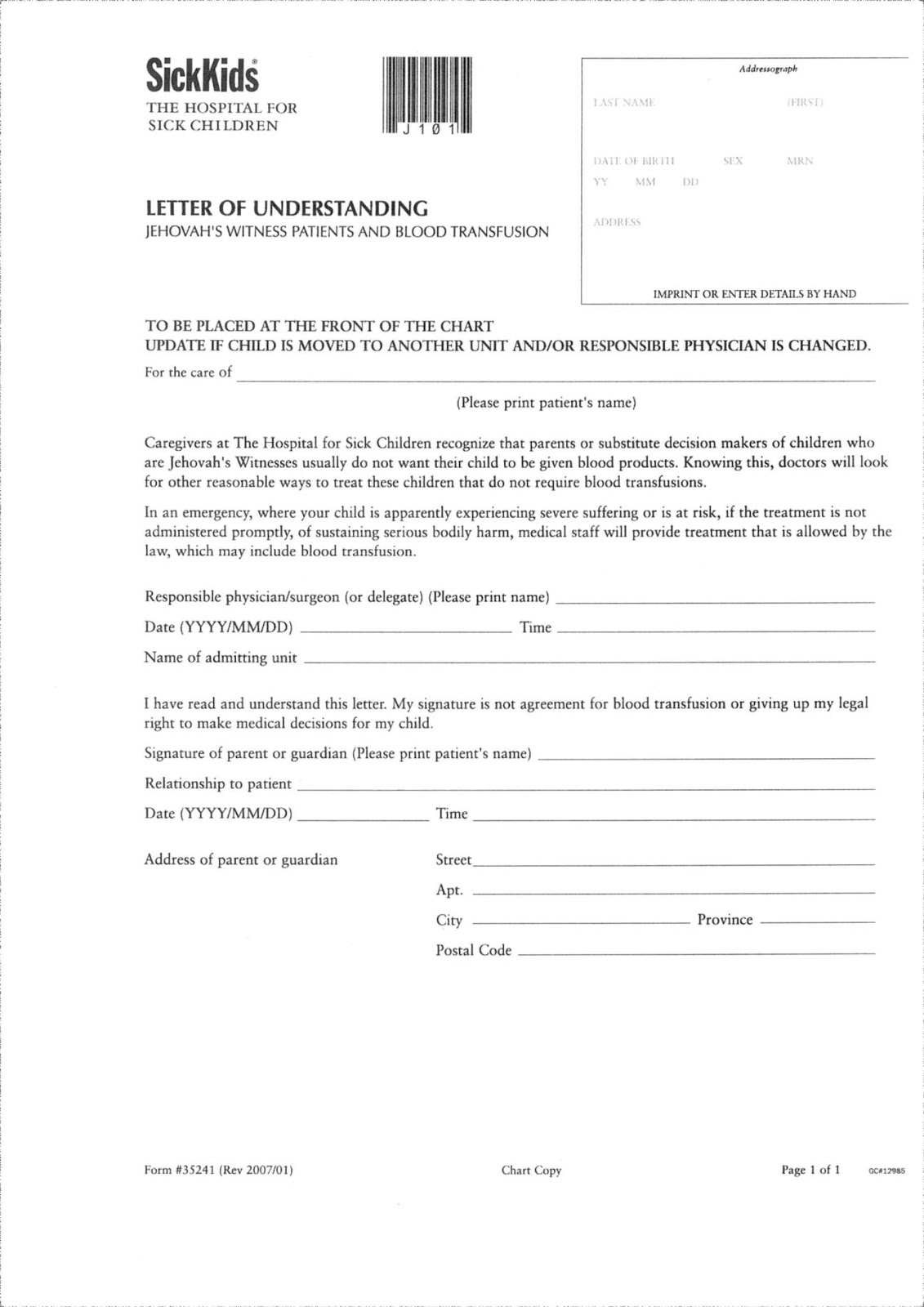 Letter of Understanding, JWs blood transfusion 2007 | AJWRB.org